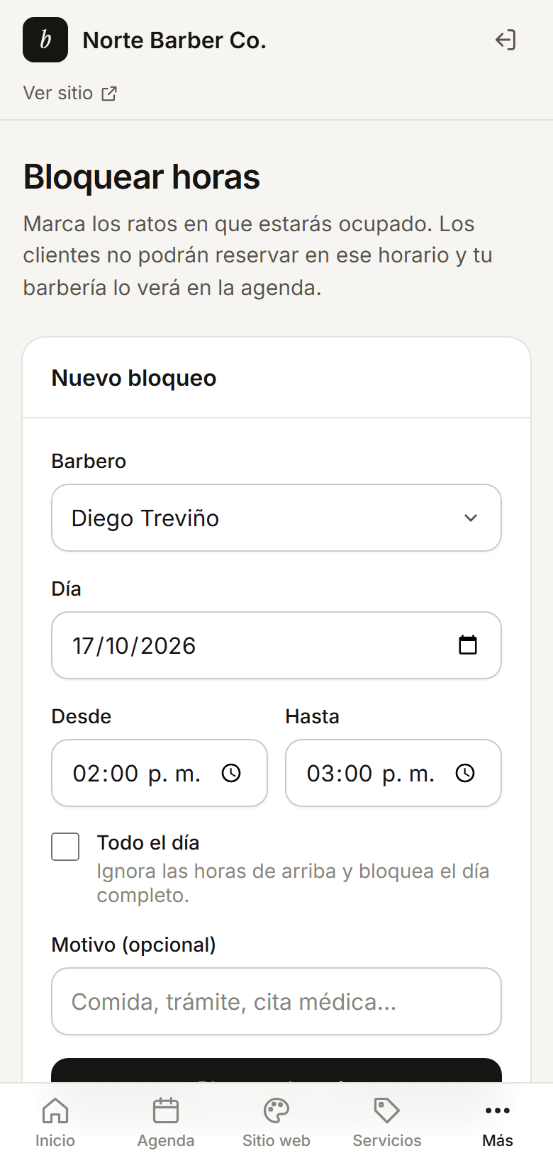 Pantalla para bloquear horas ocupadas